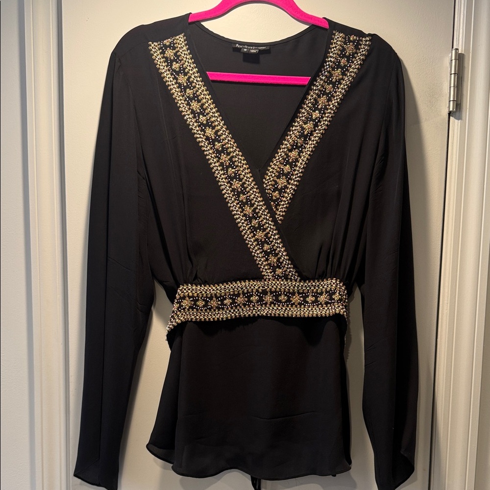 ECI Black V-Neck Blouse with Gold Bead Embellishment